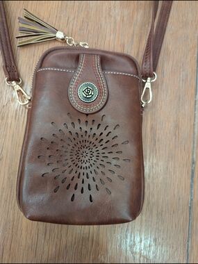 Brown Leather Crossbody Bag with Cutout Floral Design